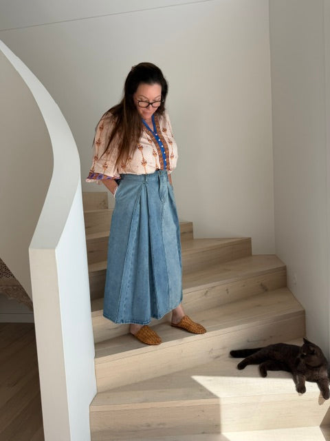 A-Line to Cross Denim Maxi Skirt