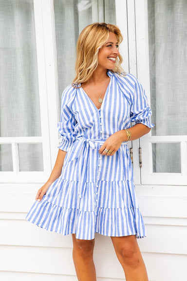 The Amber Dress - Blue Striped - Sparrow & Finch Boutique