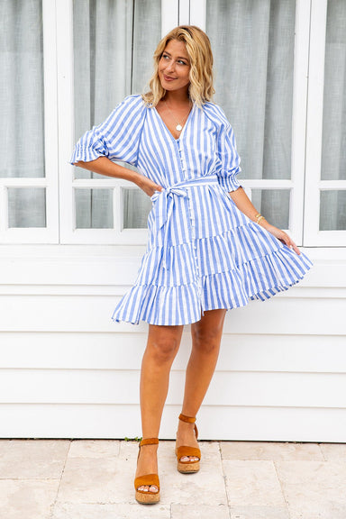 The Amber Dress - Blue Striped - Sparrow & Finch Boutique