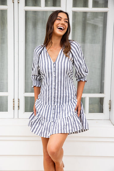 The Amber Dress - Grey Striped - Sparrow & Finch Boutique