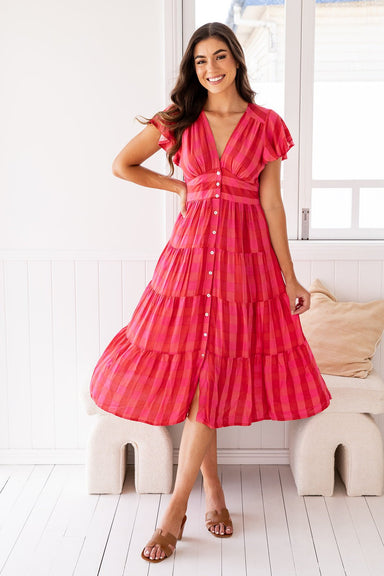 The Bailey Dress - Checkered Cerise - Sparrow & Finch Boutique