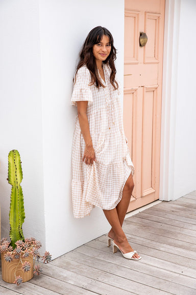The Gaia Dress - Light Nude Gingham - Sparrow & Finch Boutique