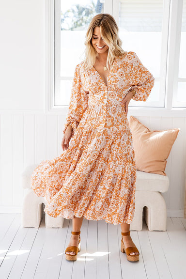 The Rina Dress - Floral Orange - Sparrow & Finch Boutique