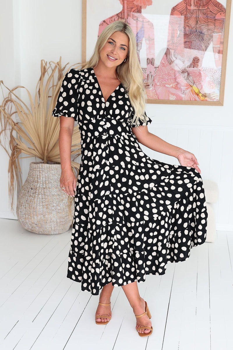 The Freya Dress - Dark Polka Dot