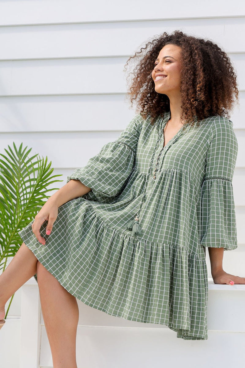 The Natalie Dress - Checkered Green