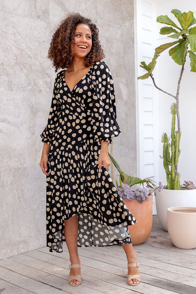 The Vanessa Wrap Dress - Dark Polka Dot - Sparrow & Finch Boutique